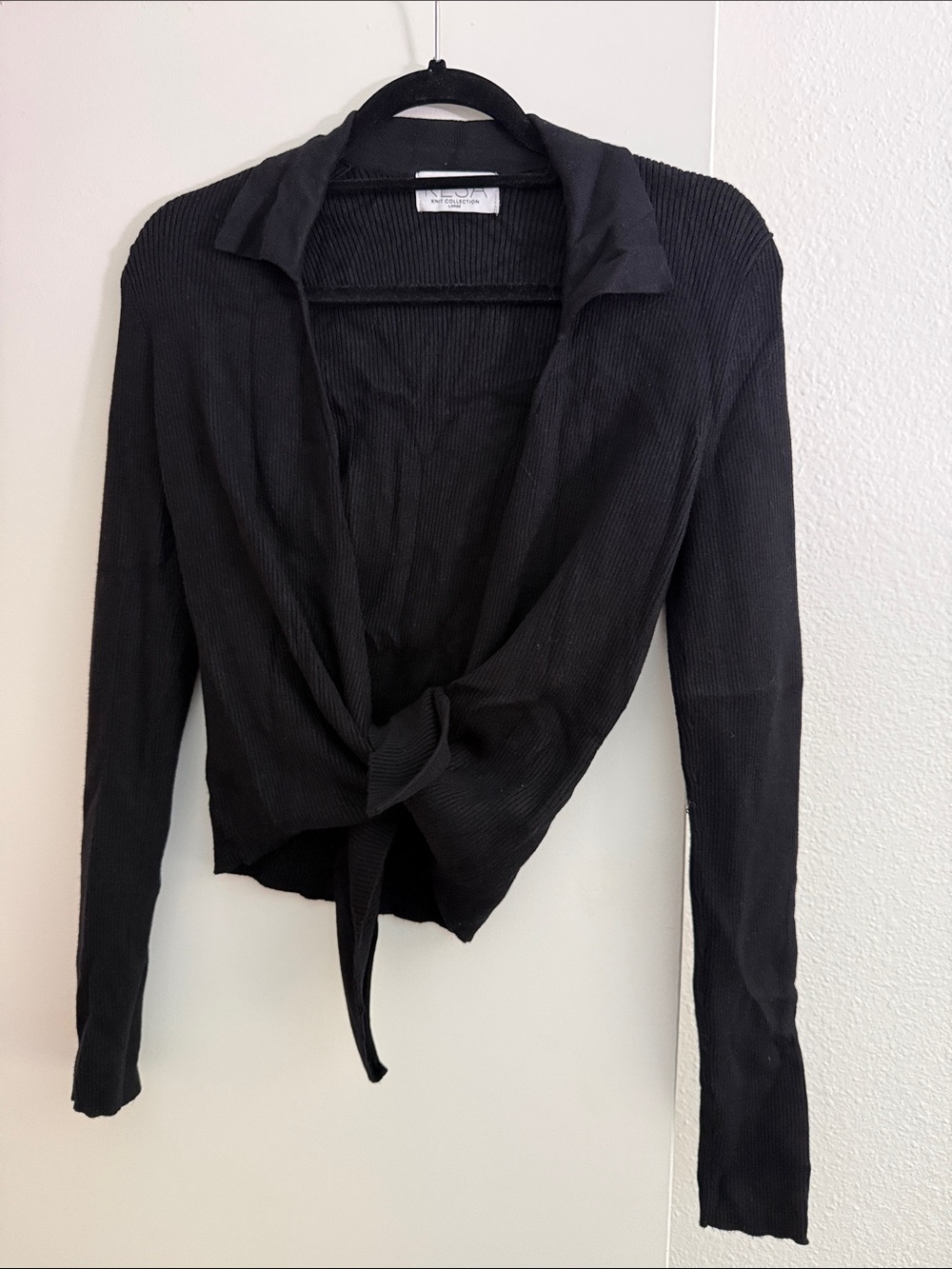 RESA Black Ribbed Tie-Front Long Sleeve Top